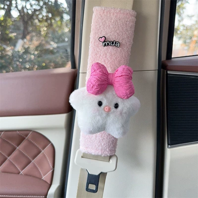 Car Seat Belt Shoulder: Seat belt shoulder pad - pink-plush-shoulder-pads-five-pointed-star-rose-red-bow