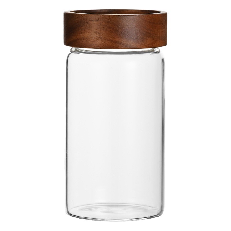 Tanque de almacenamiento de vidrio de madera de acacia Almacenamiento de cocina Té perfumado Tanque sellado de granos diversos Botella de vidrio de grado alimenticio Tarro de almacenamiento doméstico