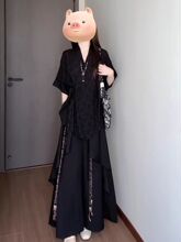 又酷又飒的穿搭汉服夏季新中式复古小众衬衫拼接阔腿休闲裤两件套