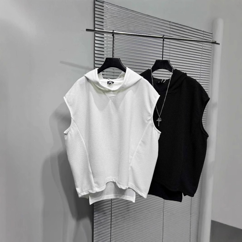 Dropshipping Original Personalized Asymmetrical Hem Slit Loose Large Size Sleeveless T-Shirt Men's Simple Hooded Vest