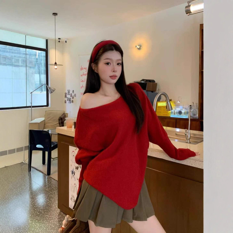 温柔风韩版蝙蝠袖针织毛衣女2025秋冬新款一字领慵懒不规则上衣潮|undefined