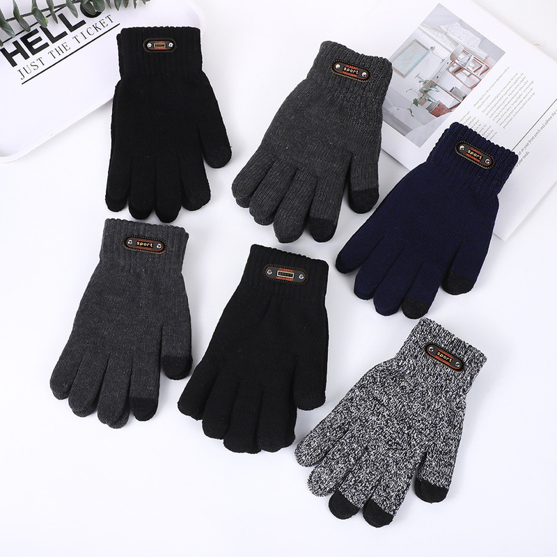 Cross-border wholesale autumn and winter gloves, touch-screen compatible, men's knitted gloves with leather label, for cycling, cold-proof, warm and thick Cross-border wholesale autumn and winter gloves, touch-screen compatible, men's knitted gloves with leather label, for cycling, cold-proof, warm and thick