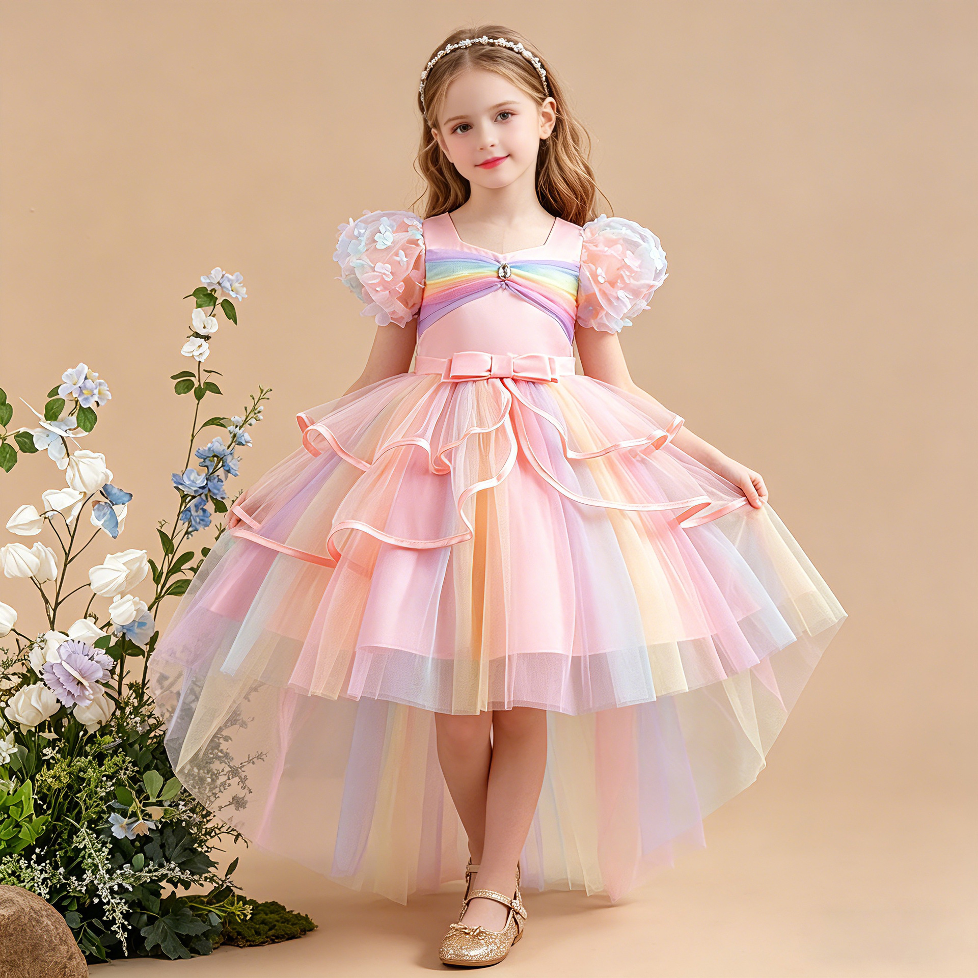 Vestido esponjoso de los nuevos niños transfronterizos de malla de arco iris falda de pastel de rendimiento de las niñas vestido de princesa 926