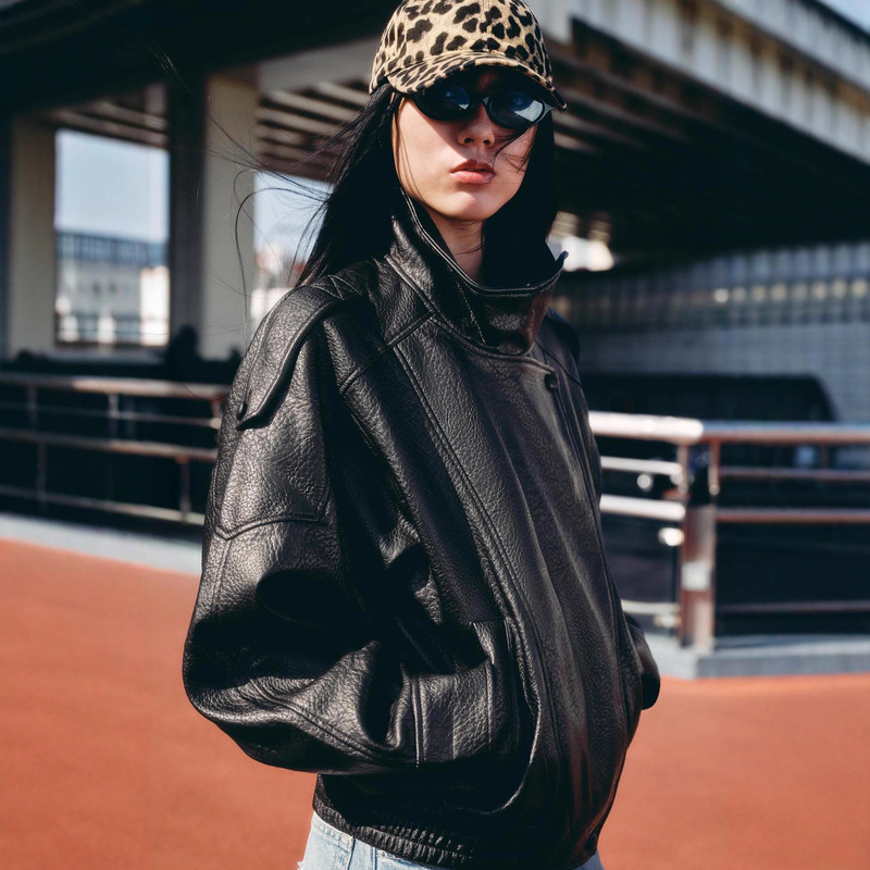 Cross-Border European and American 2025 Winter New Street Casual Stand-Collar Lychee Leather Solid Color Jacket for Women Cross-Border European and American 2025 Winter New Street Casual Stand-Collar Lychee Leather Solid Color Jacket for Women