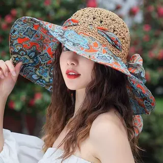 夏季新款大沿遮阳帽女士防晒草编太阳帽海边度假可折叠花布沙滩帽