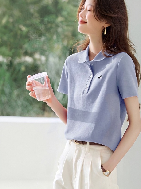短袖POLO衫女夏季新款撞色休闲翻领刺绣减龄甜美气质时尚t恤上衣|undefined