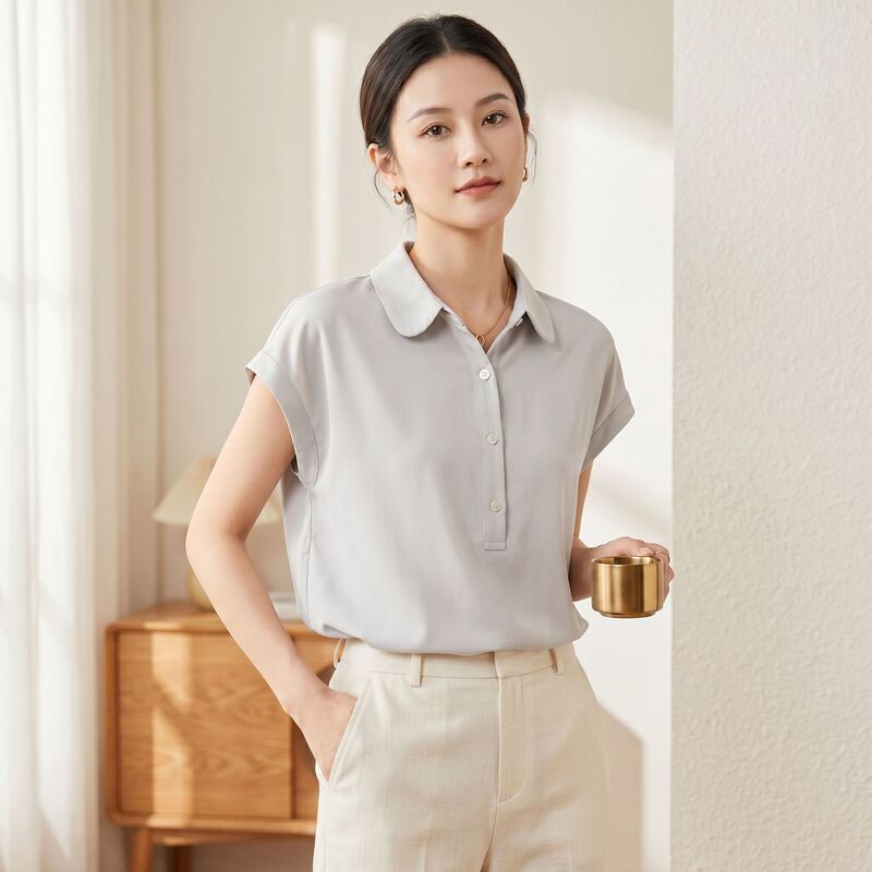 Summer Silk Short-sleeved Shirt Women's New Loose All-match Casual Shirt Solid Color Commuter Mulberry Silk Top Niche