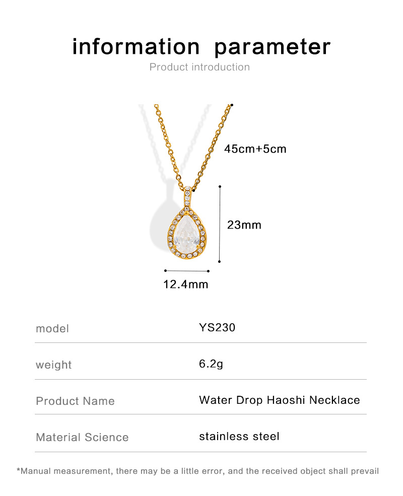 Fashion Water Droplets Stainless Steel Plating Inlay Zircon Pendant Necklace 1 Piece