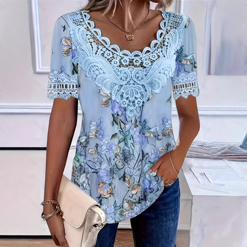 Cross-Border Foreign Trade Amazon Independent Site In-Stock Women's Elegant Lace Patchwork Round Neck T-Shirt Short Sleeve Multi-Color Cross-Border Foreign Trade Amazon Independent Site In-Stock Women's Elegant Lace Patchwork Round Neck T-Shirt Short Sleeve Multi-Color