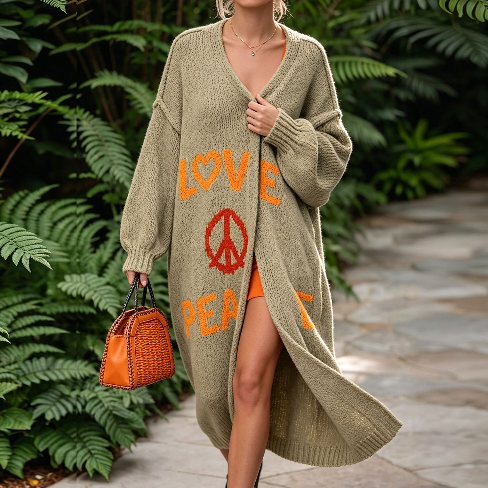 Amazon Fashionable Knitted Cardigan Women's Mid-Length Loose V-neck Letter Pattern Sweater Jacket Cross-Border Foreign Trade Women