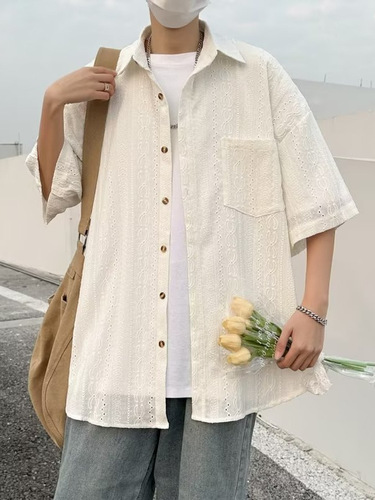 Stylish Basic Youth Trendy Literary Summer Quality Fashion Square Collar Plain Simple Trendy Men's Shirt