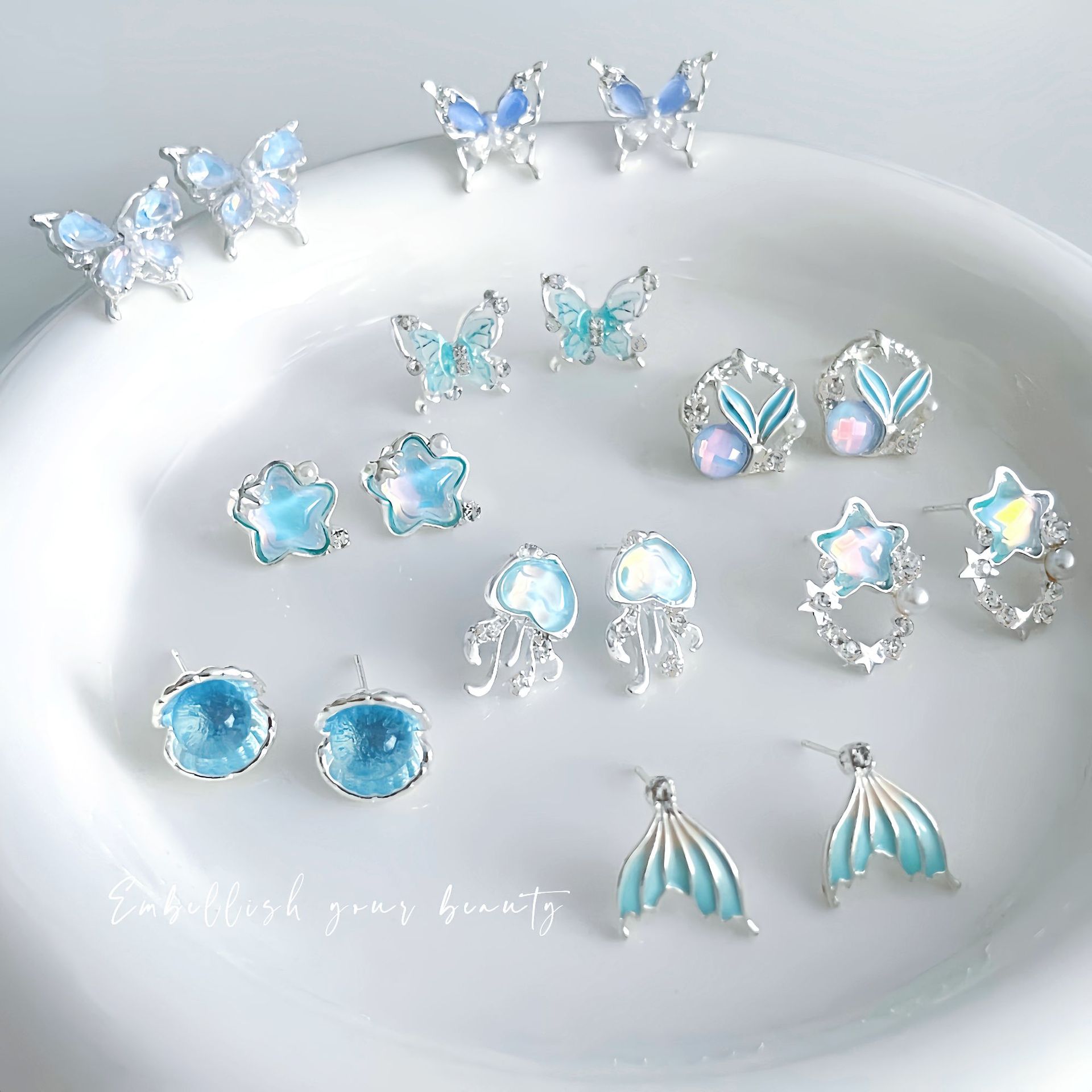 925针耳钉少女心ins耳环不对称鱼尾海洋贝壳长款气质网红超仙耳饰