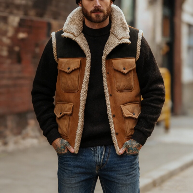New Cross-Border European and American Style Men's Outdoor Retro Color-Block Multi-Pocket Spliced Suede Casual Sleeveless Jacket Vest New Cross-Border European and American Style Men's Outdoor Retro Color-Block Multi-Pocket Spliced Suede Casual Sleeveless Jacket Vest