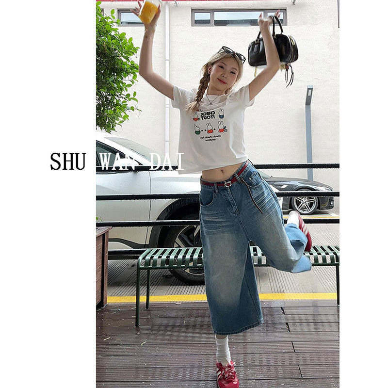 Women's American Retro Straight-Leg Cropped Jeans, High-Waisted Loose Casual Versatile Drapey Capri Pants