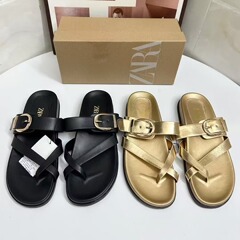 ZA2025新款西班牙女鞋时尚百搭外出一字带夹脚厚底方扣金属凉拖鞋
