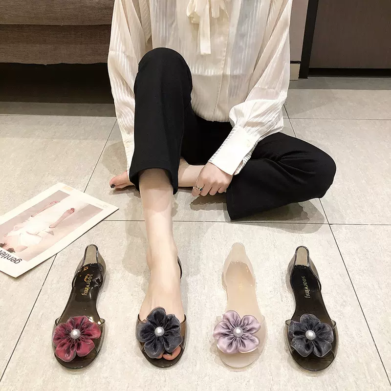 网红凉鞋女韩版花朵珍珠鱼嘴平底沙滩鞋休闲舒适透明果冻鞋夏外贸