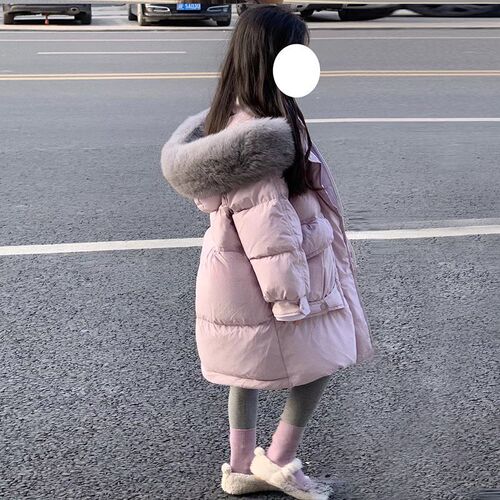 Feminine and stylish faux fur hooded down cotton coat for children, 2024 new thick warm outerwear