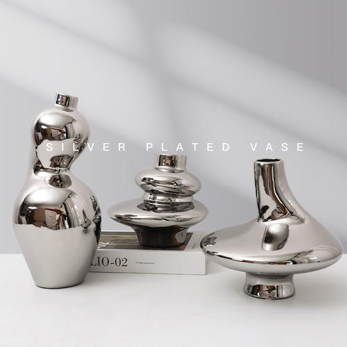 Nordic light luxury electroplated silver special-shaped creative ceramic vase living room restaurant model room bookcase TV cabinet ornaments
