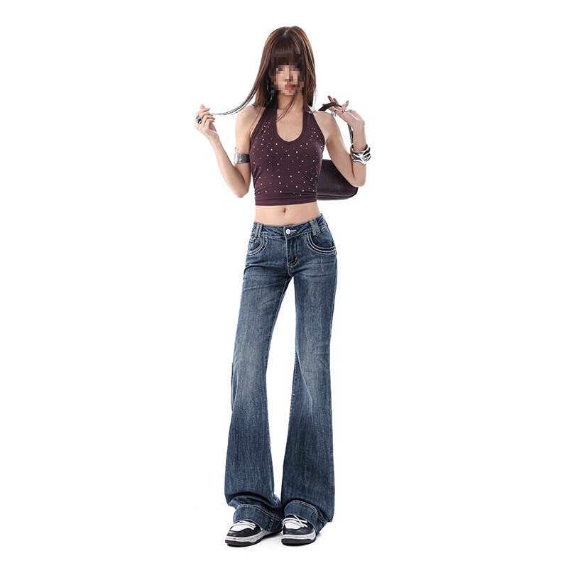 Spring and Summer Casual Versatile Retro Washed Blue Low-Waist High-Elastic Flared Jeans Long Pants Extended Length Dark Blue