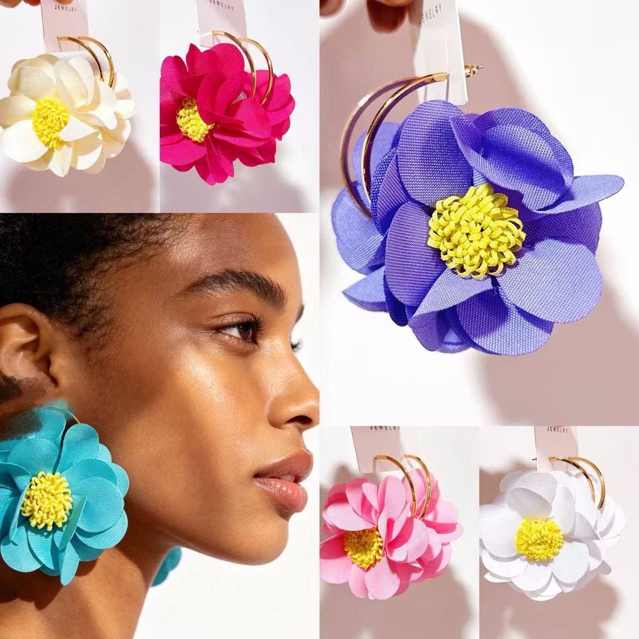 New Korean-Style Dopamine Flower Large Hoop Earrings, Unique and Simple, Exaggerated Colorful Handmade Fabric Petal Earrings, Cross-Border