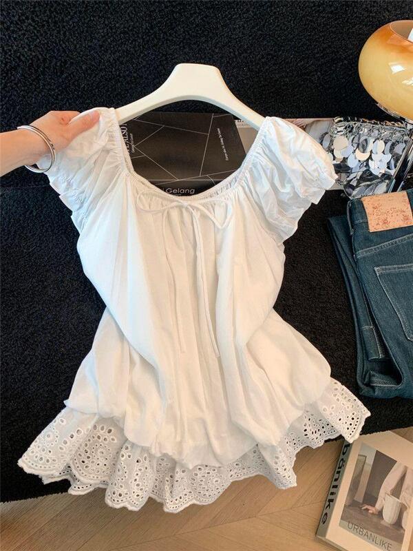 White Lace Patchwork Puff Sleeve Top for Women, New Summer French Style, Beautiful Loose Fit, Slimming, Versatile, Age-Reducing Shirt