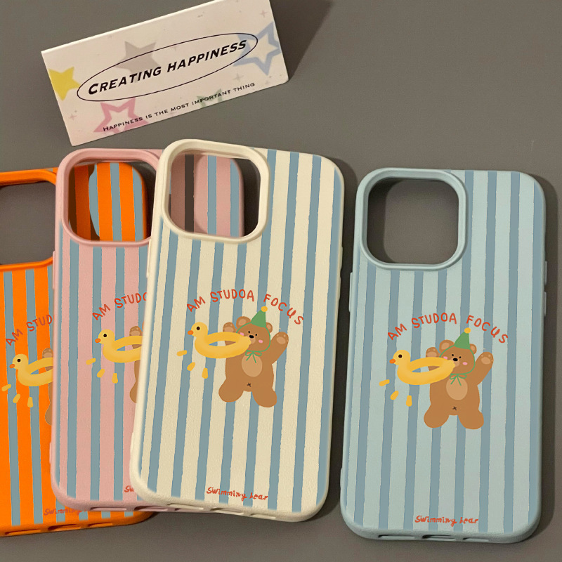 For Apple 15promax Mobile Phone Case iPhone14 Women's New 13 Leather Soft Case 12 Swim Ring Duck Bear