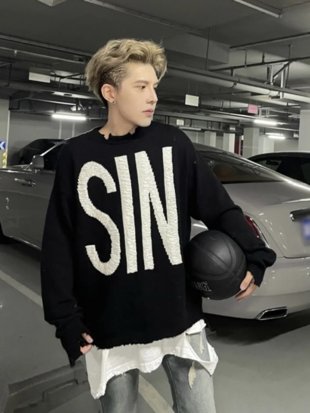 Internet Celebrity Same Style High Version Trendy Brand SIN Knitwear American Style High Street Destruction Loose All-match Sweater Sweater for Men and Women