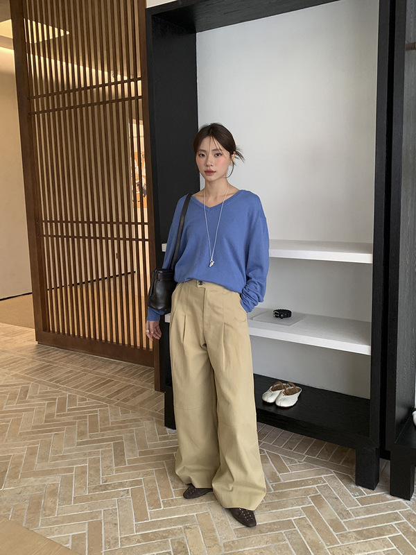广州十三行2025秋韩风纯棉中腰双折宽松立体百搭直筒休闲裤02817|undefined
