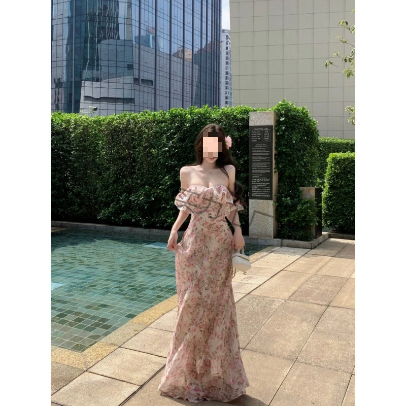 Женское платье на одно плечо с французским цветочным принтом для чайного перерыва, летние каникулы, длинная юбка в нежном стиле, облегающая талия, красивая темпераментная юбка