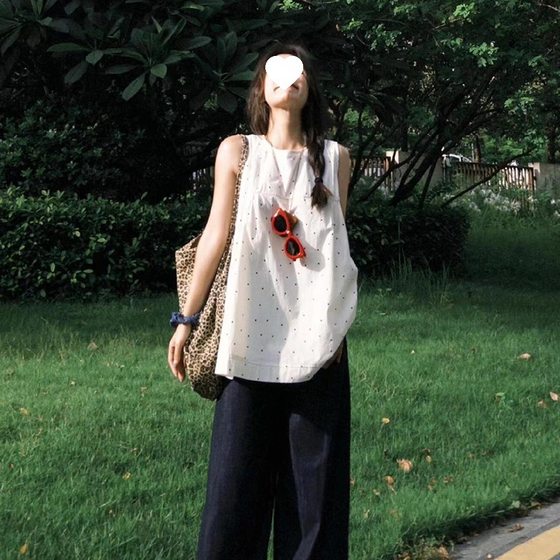 2025 Summer New Sleeveless T-shirt Girl's Stychy Age-reducing All-match Loose Wave Dot Vest Doll Shirt Top Trendy