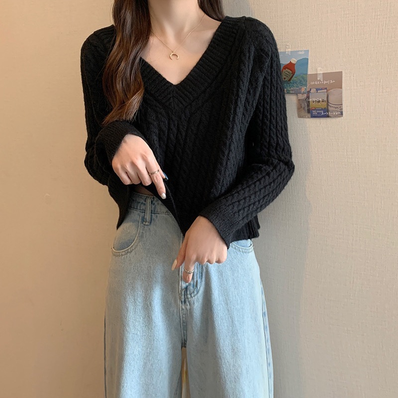 秋冬新款复古毛衣女宽松简约风麻花套头V领长袖小个子打底针织衫|undefined