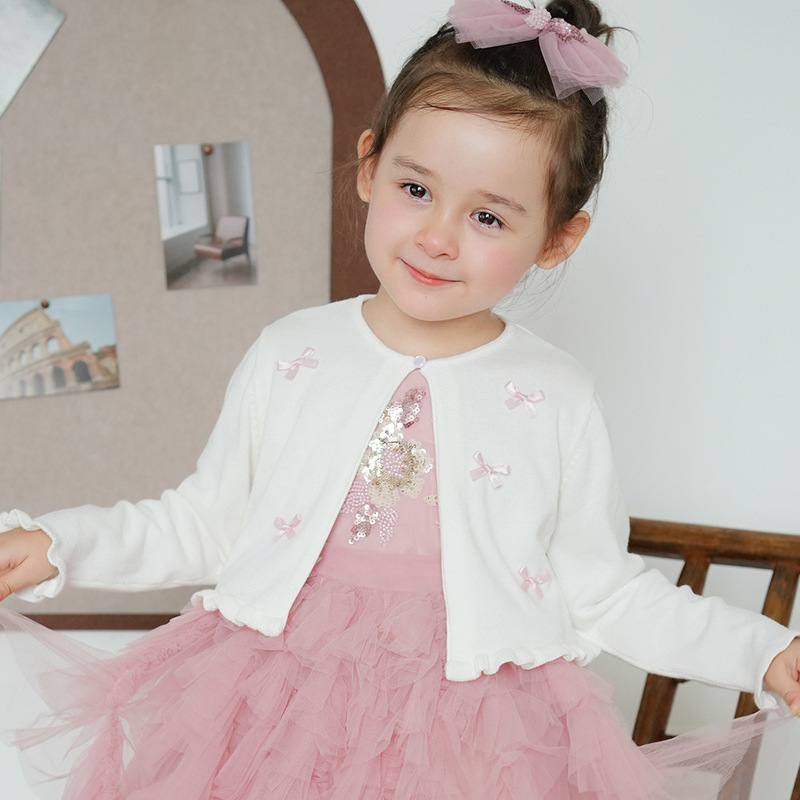 Ins2026 Autumn Children's Single-Button Bowknot Shawl Sweater Cardigan Air Conditioning Shirt Pure Cotton Girls' Knitted Cardigan