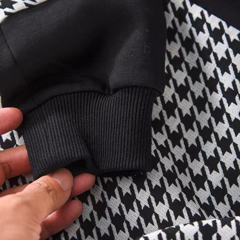 Vêtements pour femmes rétro pied-de-poule couture col rond lâche tricoté mode pantalon de sport décontracté costume deux pièces pour femmes_voghion.com