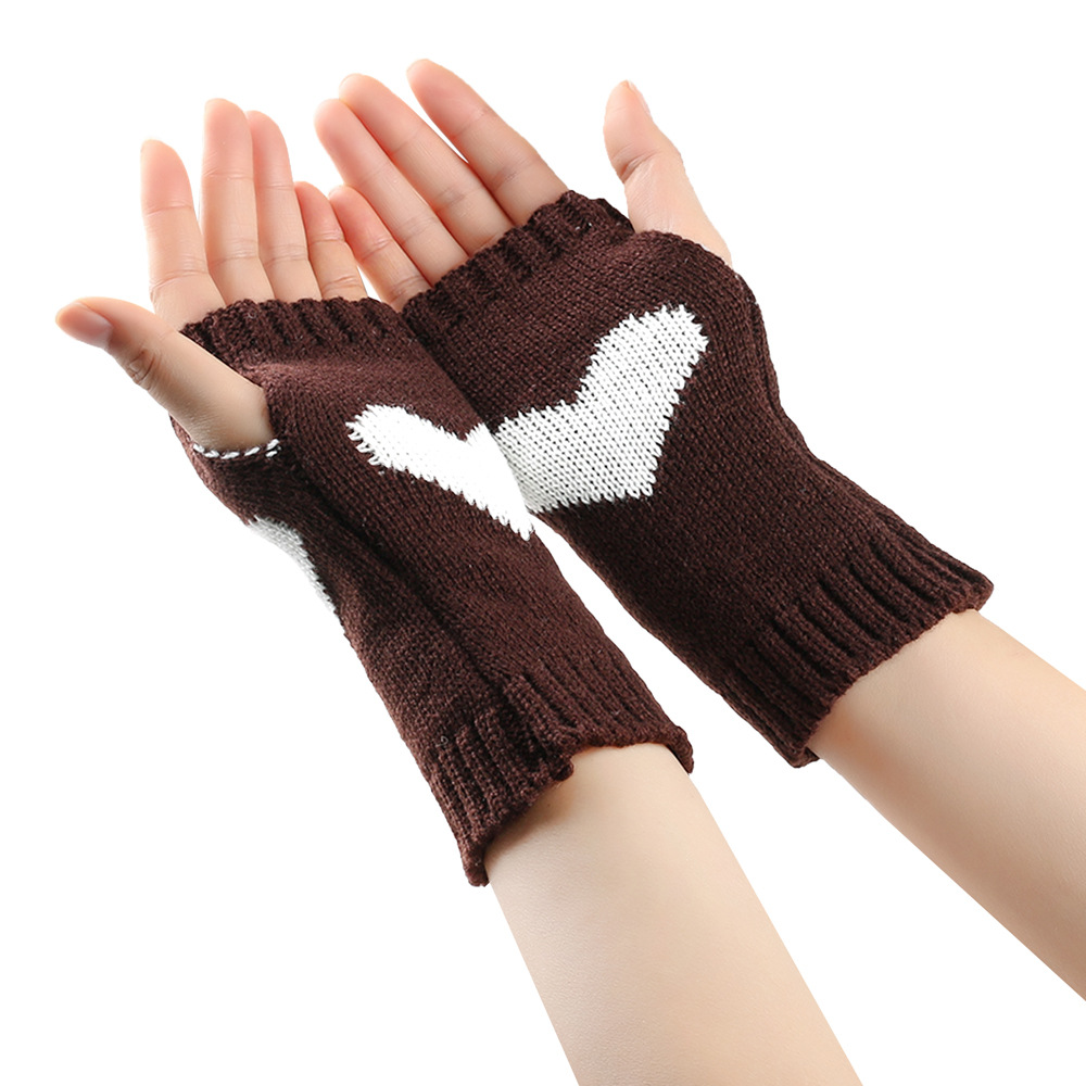 Κοντά μισά δάχτυλα για φοιτητικό γραφείο, μανίκια ροδακινί, πλεκτά γάντια αγάπης με ζεστή καρδιά_voghion.com