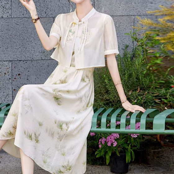 New Chinese Style Chinese Style Printed dress suit Tight Waist Summer New Women's Super Fairy Floral Slip Skirt Two-piece Set