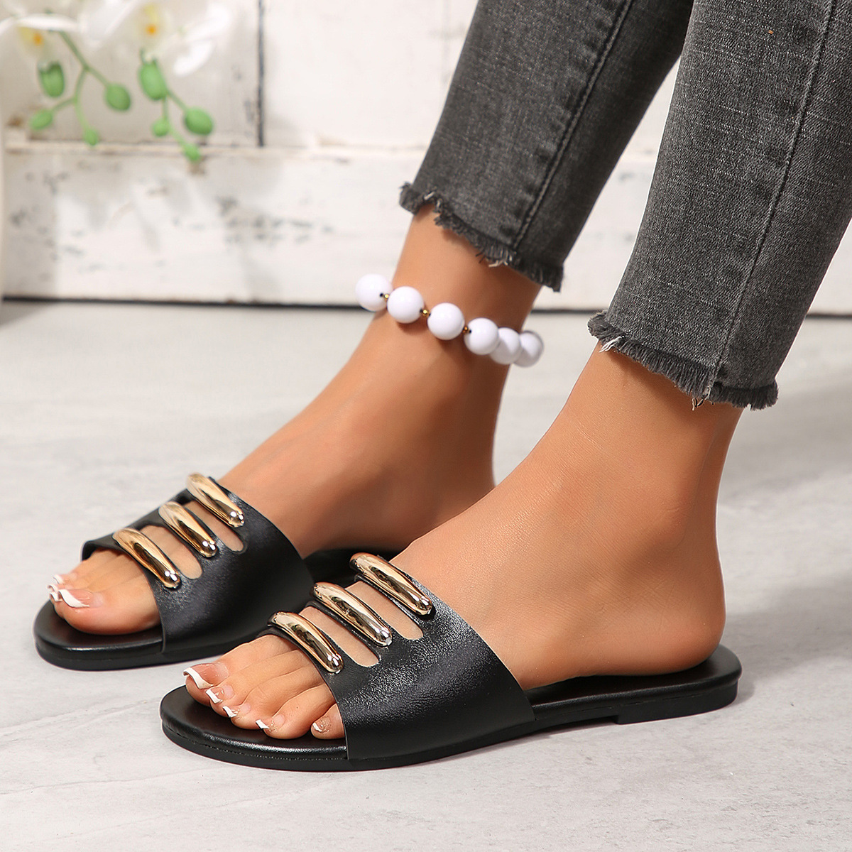 Sandalias Planas de Mujer de Cuero Sintético Cómodas para Uso Casual
