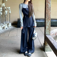 温柔韩女主 侧绑带吊带+针织上衣+垂感显瘦长裤三件套套2025秋季