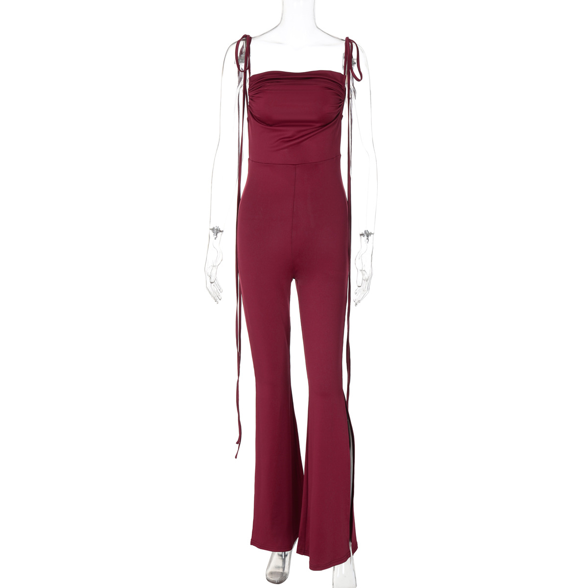 Women Clothing Summer Sexy Backless Fold Split Slim Fit Tied Jumpsuit