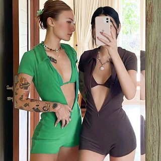 亚马逊独立站欧美夏季早秋新款纯色polo领性感时尚简约连体裤女装