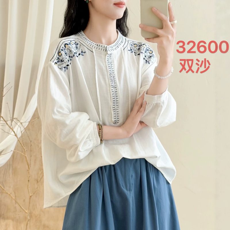 Spring and Autumn New Style Artistic Fresh Double-Layer Gauze Embroidered Shirt for Women, Loose and Versatile Long-Sleeve Blouse Wholesale Spring and Autumn New Style Artistic Fresh Double-Layer Gauze Embroidered Shirt for Women, Loose and Versatile Long-Sleeve Blouse Wholesale