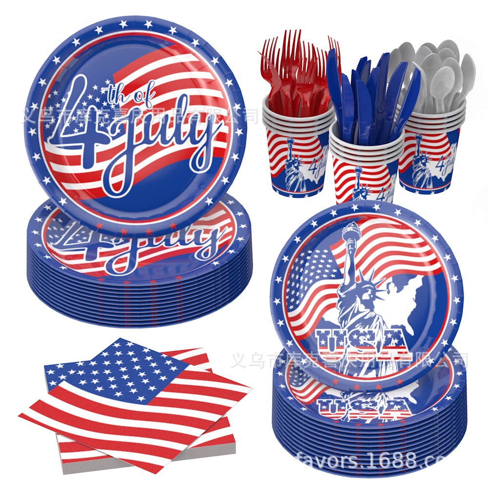 Día de la Independencia Fiesta temática de la bandera estadounidense Bandeja de papel Vaso de papel Toalla de papel Juego de vajilla Día de la Independencia Decoración de la fiesta