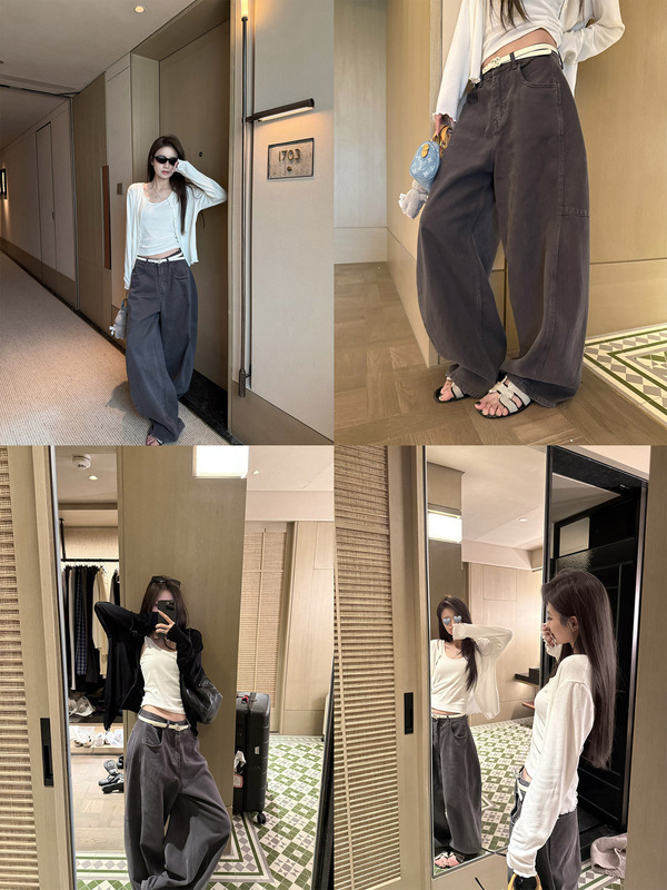 superniniyy 炒色工艺灰色宽松显瘦高腰阔腿裤休闲裤香蕉牛仔裤女|undefined