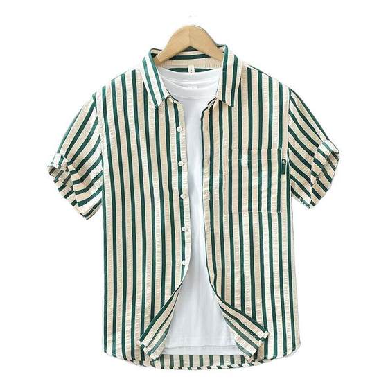 Men's Short-sleeved Shirt 2025 Summer New Arrival Striped Japanese Casual Thin Shirt Trendy All-match Top