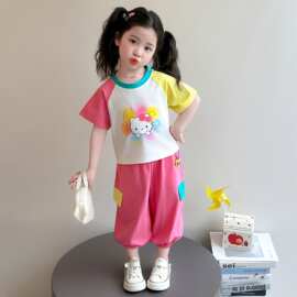 女童套装夏季2026新款儿童卡通猫咪短袖裤子两件套宝宝休闲夏装薄