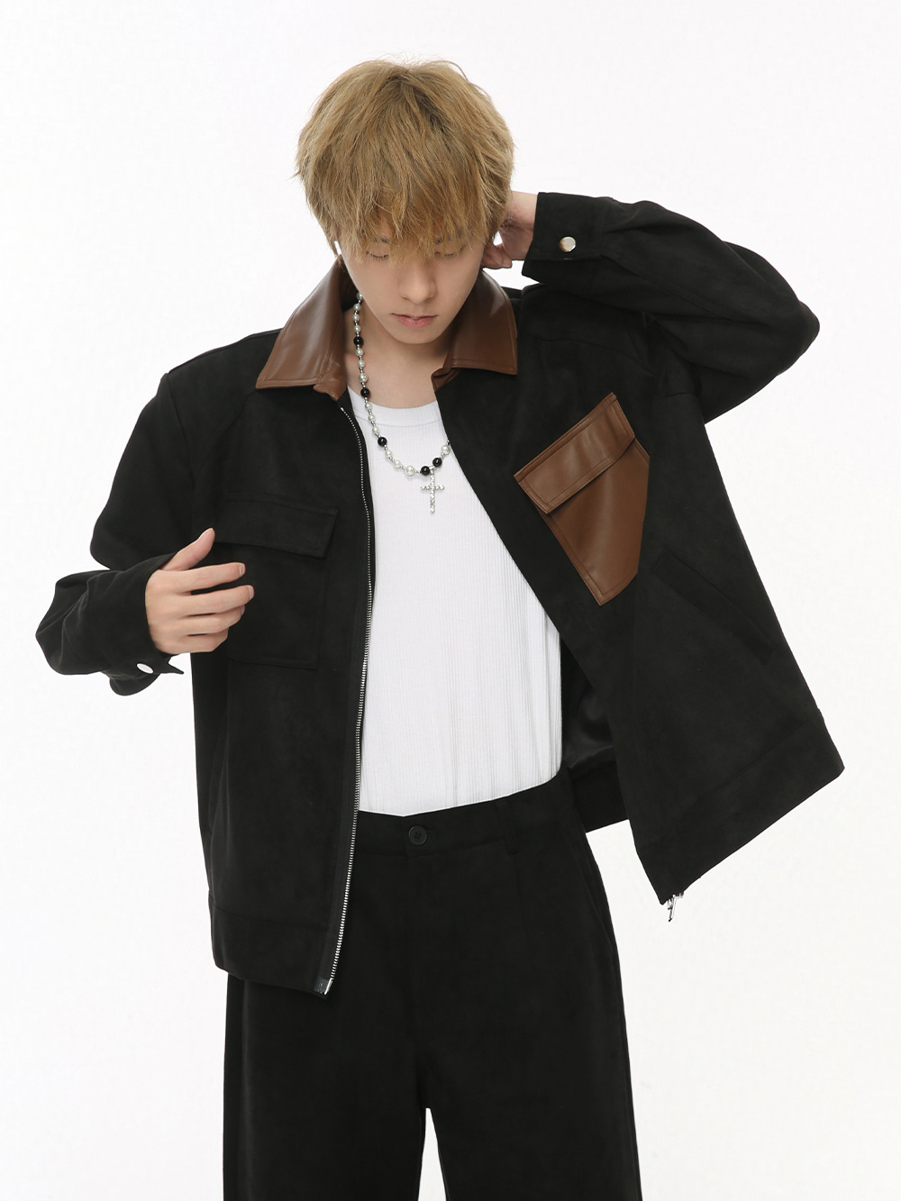 MTLCLOTHES Hombres| 2024 otoño nuevo producto coreano retro empalme bolsillo decoración de color contraste conjunto de moda