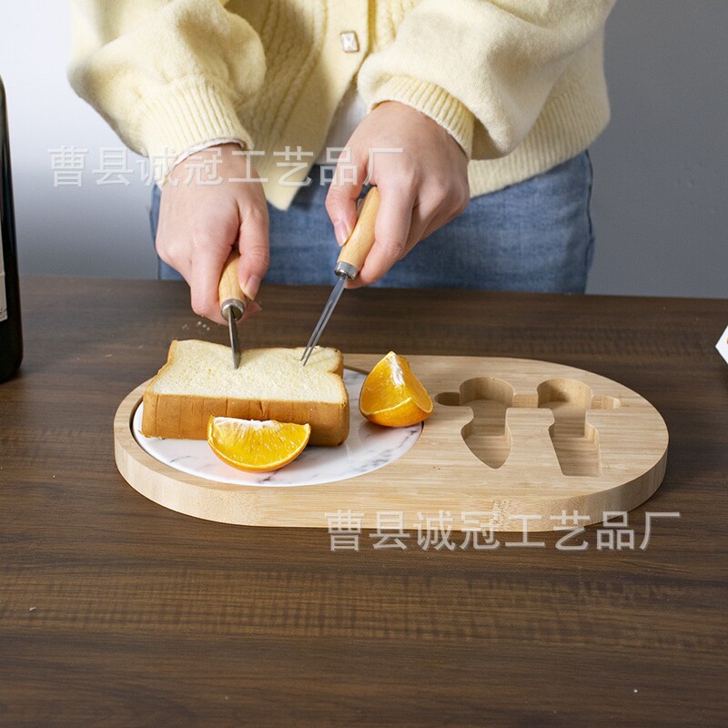 Bamboo Cheese Board Cheese Board Set Home Kitchen Fruit Bread with Knife and Fork and Marble Cheese Tray