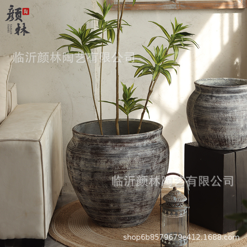 Arte gris maceta de cemento retrógrado gran maceta tequila azul flor de arroz interior sala de estar decoración de hotel maceta verde