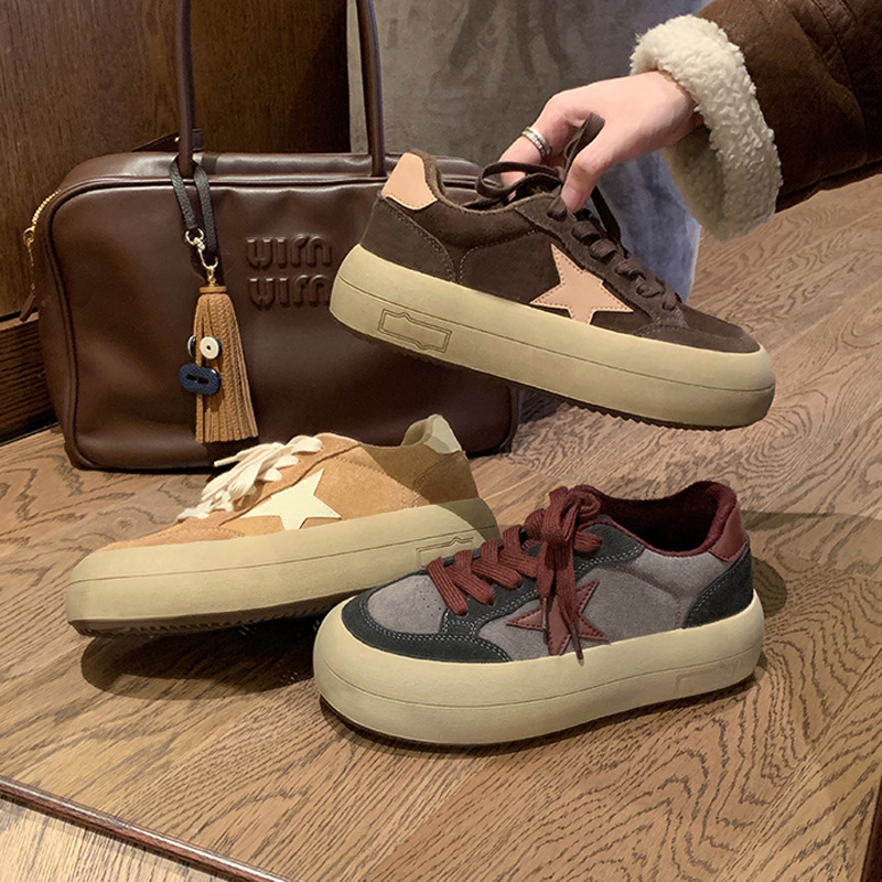 Genuine Leather Dirty Shoes Korean Style Round Toe Old Platform Bread Shoes Vintage Stitching Casual Style All-match Star Board Shoes for Women