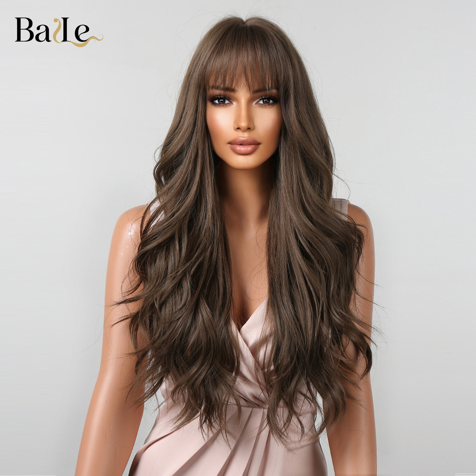Marrón oscuro Qi Liuhai ondulado cabello largo ondulado seda de alta temperatura simulación cabello de alta temperatura estilo explosivo transfronterizo wigs