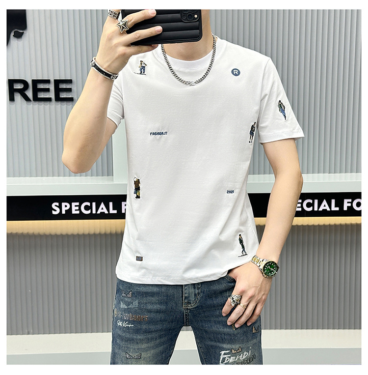 Summer Embroidered Short-sleeved Men's T-shirt American Trendy Brand 2024 New Slim-fit Crew Neck Youth Fashion Short-sleeved Bottoming Shirt_viptrois.com